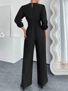 Pariaura Women's Casual & Commuter Shirred Pleated Jumpsuit, Solid Color, Slim Fit, Wide Leg, Spring/Autumn - Black - View 2