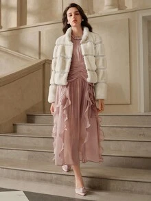 Savoree Elegant Ruffle Trim Long Sleeve Woven Dress, Lotus Root Pink