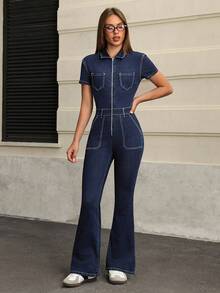 SHEIN EZwear 女式休闲时尚撞色针脚拼布口袋拉链前开合身喇叭牛仔连体裤，春夏秋 - 藍色 - 查看 5