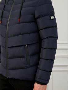 RueChic Men Zip Up Drawstring Hooded Puffer Coat - Navy Blue - View 3