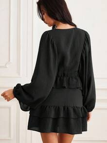 EMERY ROSE Women's Autumn/Winter New Lantern Sleeve Solid Coffee Color Loose Round Neck Versatile Button Layered Ruffle Hem Long Sleeve Flowy Mini Dress - Black - View 2
