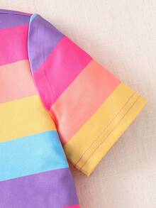 Young Girls' Sweet & Cute Rainbow Striped Polo Collar Casual Everyday Comfortable Versatile Dress - Purple - View 3