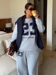 Dripcurv Plus Size Street Fashion Plus Size Number Printed Thermal Lined Sweatshirt And Sweatpants 2 Pieces Set, Suitable For Autumn/Winter - Light Grey - View 3