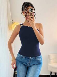 Rafferiza 女式黑色性感金属褶皱无袖紧身衣 - 藏蓝色 - 查看 4