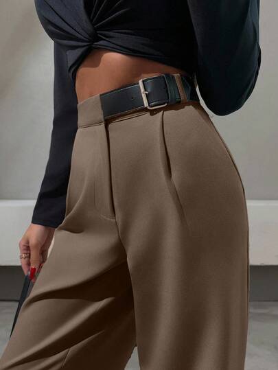 EURMUSE Elegant Style, Half Faux Leather Belt Detailed Straight Fit Pant