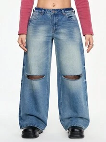 ROMWE Grunge Punk 复古 Y2K 街头风宽松大码女式牛仔裤，带樱花刺绣图案 - 藍色 - 查看 4