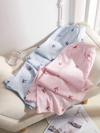 SHEIN 2件套女士粉蓝条纹爱心蝴蝶结装饰裤装，秋冬服装