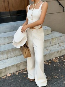 SHEIN EZwear 女士杏色休闲三件套西装套装，包含无袖上衣、夹克和裤子 - 杏色 - 查看 5