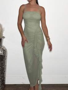 Andrea Bello Summer Elegant Romantic Sage Green Flowing Ruffled Slit Maxi Dress And Elegant Women's Mesh Bodycon Party Dress, Suitable For Valentine's Day, Date Night,, Suitable For Vacation, Beach, Music Festivals, Suitable For Spring And Summer, Suitable For Daily Dating, Night Out, Party, Gathering - Green - View 3