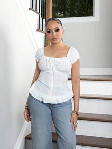 Melissa Matos Women's Summer Solid Color Waist-Cinched Ruffle Tie-Cuff Short Sleeve Shirt - White - View 6