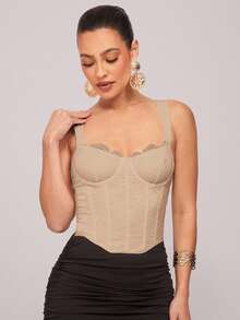 Silquee Áo ngực ren chắp vá bó sát toàn thân dành cho nữ, áo tuyệt đẹp với viền cong, áo corset ren hoa, thích hợp cho kỳ nghỉ xuân, kỳ nghỉ biển, buổi tối đi chơi, tụ tập, tiệc bãi biển, tiệc hồ bơi, ngày lễ, tiệc thường ngày, nghỉ dưỡng tại cabin, trang phục hàng ngày - Màu Khaki - Xem 4