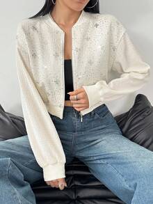 Modelyn Chaqueta bomber con lentejuelas de moda para mujer, para otoño/invierno - Beis - Ver 7