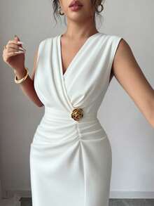 Rafferiza 女士礼服，开衩百褶修身连衣裙