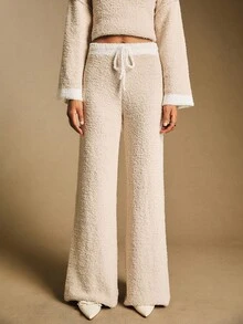 Poéselle Women's Contrast Color Trim Knot Casual Sweater Pants,Beige Autumn Lounge Soft Knit Oversized Neutral Vintage Knitwear,Elegant Cozy Fall Layer - Khaki - View 5