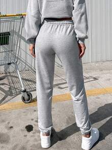 EURMUSE Drawstring Waist Seam Detail Sweatpants - Light Grey - View 2