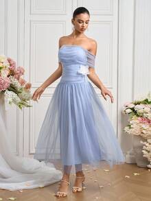 Poshira Vestido formal de verano elegante de mujer con bloqueo de color, decoración floral y volantes de malla