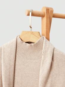 Uhlyne Women's Minimalist Office Outfit, Khaki High Neck Casual Commuter Business Casual Blazer Jacket With Pockets, Collarless Cardigan Sweater And High Neck Top 2 Pieces Set, Autumn/Winter Knit Sets Minimalist Clothes Women Women Knitwear Sets Knitted Sweater - Camel - View 3