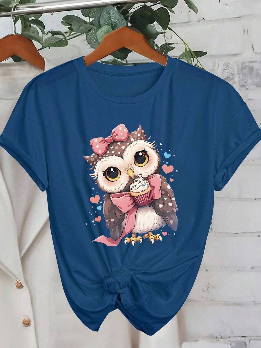 可爱猫头鹰动物图案时尚圆领女式套头 T 恤