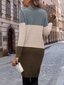 EMERY ROSE Women's Autumn Colorblock Geometric Textured Long Sleeve Single-Breasted Long Cardigan With Pockets - Multicolor - View 2