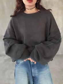 FRIFUL 女式深灰色撞色蓝边圆领落肩长袖宽松休闲百搭毛衣，秋季 - 深灰色 - 查看 2