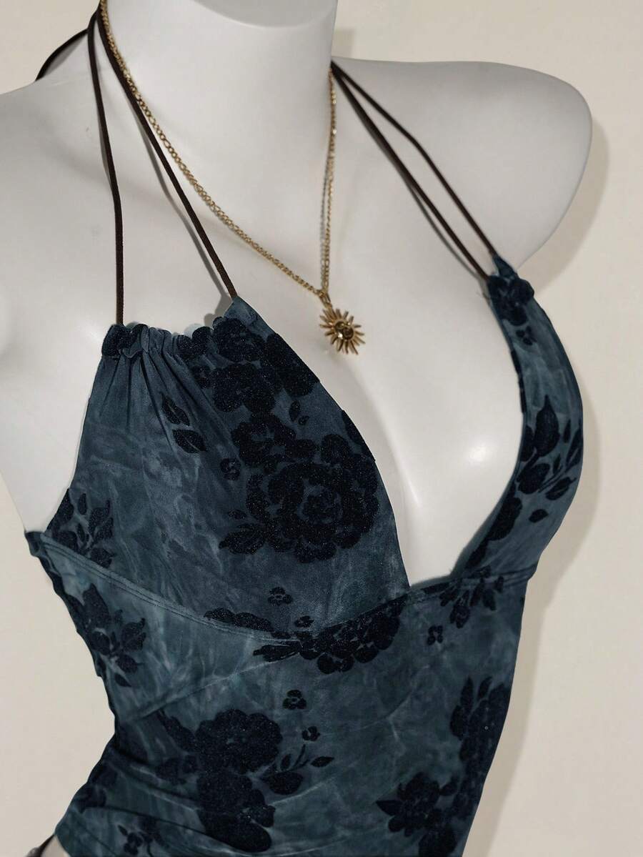 SHEIN ICON 女士复古绿色植绒提花交叉露背性感吊带背心 - 灰色 - 查看 1