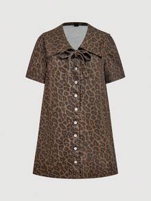 SHEIN MOD 女式时尚豹纹纽扣前牛仔连衣裙，夏季 - 咖啡棕 - 查看 5