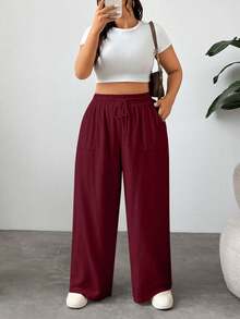 EURMUSE 大码女式休闲纯色宽松裤 - 酒紅色 - 查看 3