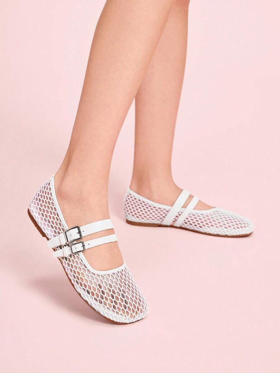 CUCCOO DOLLMOD Giày Mary Jane đế bằng lưới mũi tròn màu trắng thời trang dành cho nữ dịp Halloween & Giáng sinh - trắng - Xem 1