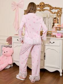 SHEIN Conjunto de pijama de mujer con cuello de encaje con volantes, estampado a rayas y parches de contraste de color, ropa de otoño - Rosa - Ver 2