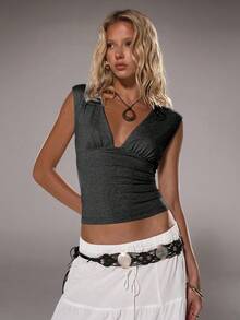 TRNVIE 女士深V领修身休闲上衣，春夏款 - 深灰色 - 查看 7