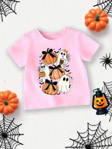 SHEIN Baby Girl Casual Minimalist Fashion Halloween Pumpkin Bow Graphic Short Sleeve Round Neck T-Shirt, Suitable For Summer - Pink - View 6