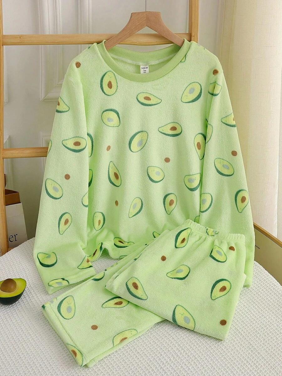 مجموعة بنطال وبلوزة طويلة بطباعة أفوكادو للمراهقات، طقم ملابس منزلية بسيطة قطعتين - أخضر - مشاهدة 1