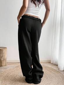 Flirla Pantalón de chándal largo de estilo casual de calle para mujer con cintura plegable, cordón, bolsillo en diagonal y pierna recta de color gris - Negro - Ver 2