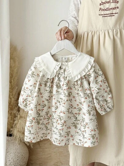 SHEIN 1 件女童碎花蕾丝领灯笼袖宽松连衣裙，舒适森系风，适合艺术全家福，春秋季