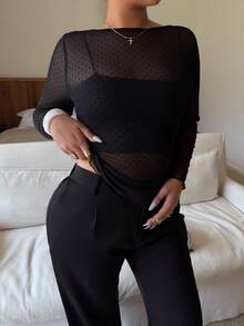 Dripcurv Plus-Size Women's Black All-Season Fashionable Sexy Sheer Polka Dot Mesh Top, Perfect For Valentine's Day And New Year's, Urban Minimalist Style. - Black - View 6