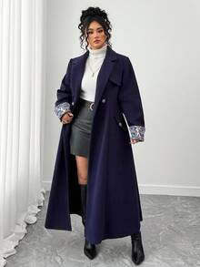 Elenzga Plus Size Women Elegant Jacquard Splice Navy Blue Long Sleeve Long Woolen Coat, Autumn/Winter Fall Cloth For Women - Navy Blue - View 3