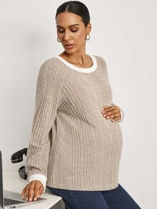 MaterniWear 孕妇撞色圆领长袖休闲宽松运动衫 - 卡其色 - 查看 3