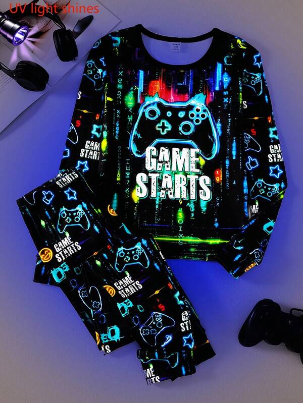 2pcs/Set Gamer Boy Neon Light Print Crew Neck Long Sleeve Top And Pants Soft Stretchy Knit Loungewear Set