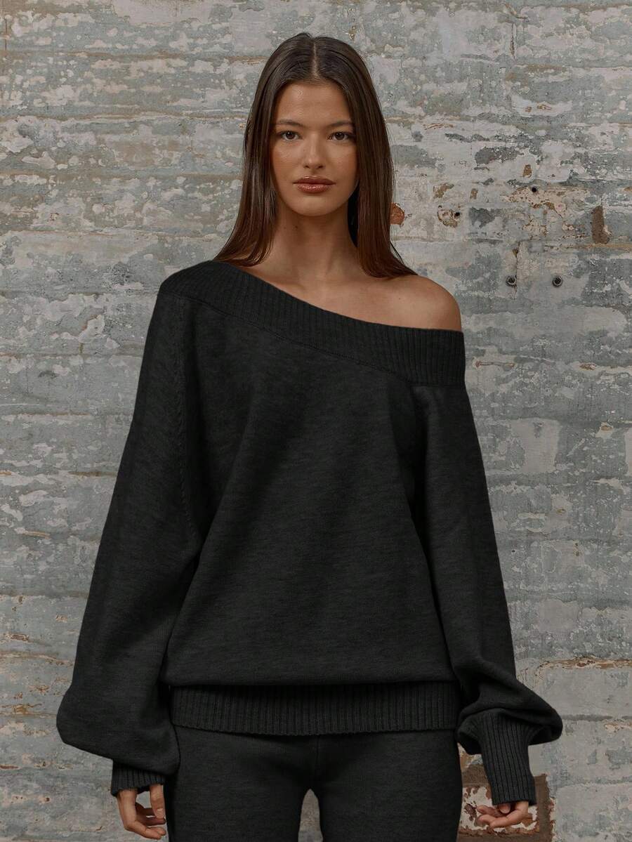 MUSERA Oversized Asymmetrical Shoulder Balloon Sleeve Baggy Slouchy Rib Knit Sweater Classy Cosy Cute Night Out Evening Party Elegant Spring Vacation - Black - View 1
