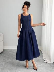 Elenzga Robe en jean longue plissée décontractée sans manches pour femmes