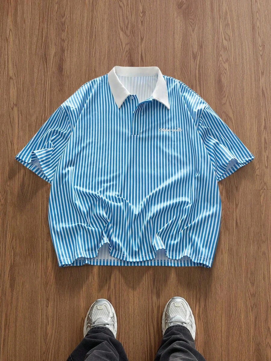 EASEVO Plus Size Men's Casual Striped Print Polo Shirt - Blue - View 1