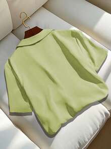 Franclia Casual Versatile Solid Color Turn-Down Collar Short Sleeve Women Blouse, Summer Clothes For University - Army Green - View 2