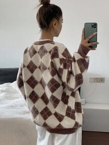 DAZY Brown Plaid Loose Casual Cardigan Sweater For Women, Autumn/Winter - Brown - View 2