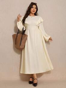 Elaquor Plus Size Casual Solid Color Ruffle Hem Dress Plus Size Church Dress Plus Size Modest Dress Curve Elegant Dress Plus Size Cream Dress Dress Modest Plus Size Cream Ruffle Dress Cream Dress Plus Size