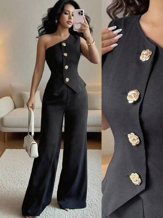 Rafferiza 时尚优雅S型法式性感露肩金属扣装饰上衣搭配及地黑裤女春夏套装