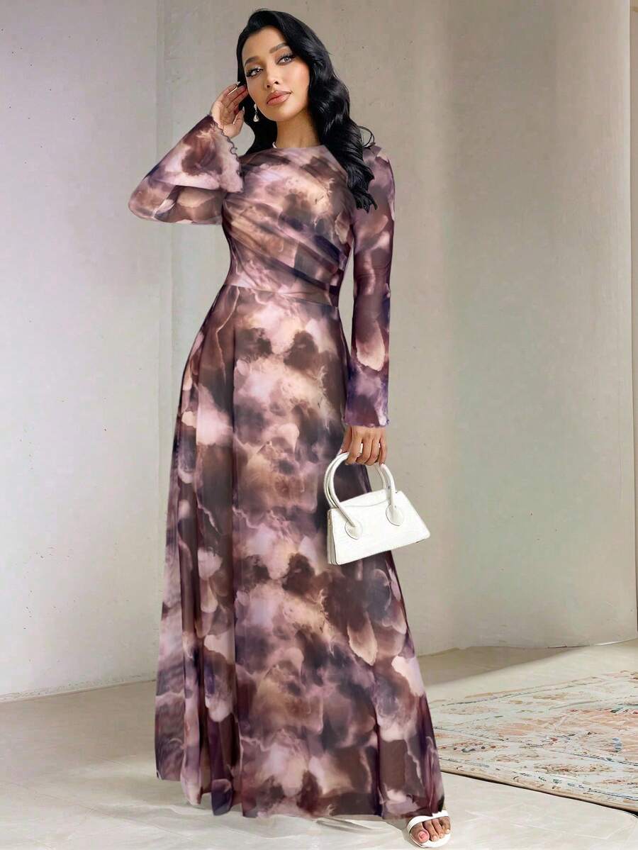 Veilorie 女士时尚优雅扎染印花连衣裙 - 紫色 - 查看 1