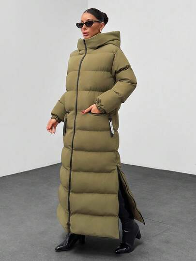 EURMUSE Women's Solid Zipper Detailed Long Hooded Casual Winter Coat