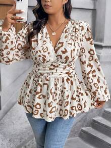 Juhart Áo sơ mi peplum tay dài cổ chữ V in họa tiết toàn thân cỡ lớn - Màu be - Xem 3