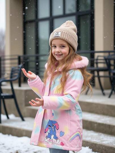 SHEIN Elladie kids Winter New Girls Casual Cute Hooded Long Sleeve Cinched Waist Loose Rainbow & Blue Rabbit Print Fuzzy Collar Thick Thermal Lined Fashion Winter Jacket, Versatile Fall