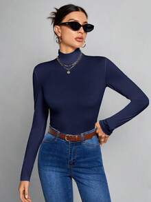 SHEIN Tall Simple Solid Color Slim High Collar White Top Suitable For Autumn And Winter,Fall - Navy Blue - View 6
